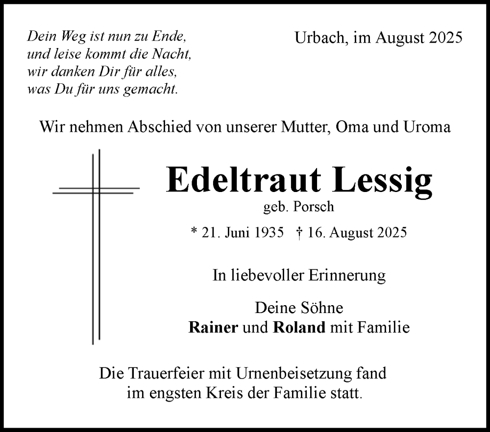  Traueranzeige für Edeltraut Lessig vom 30.08.2025 aus Waiblinger Kreiszeitung
