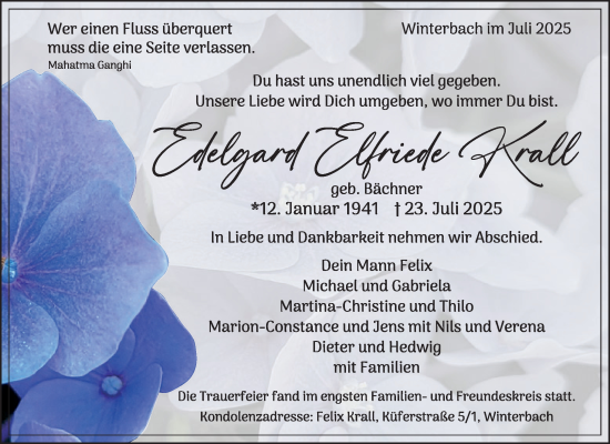 Traueranzeige von Elfriede Krall von Waiblinger Kreiszeitung