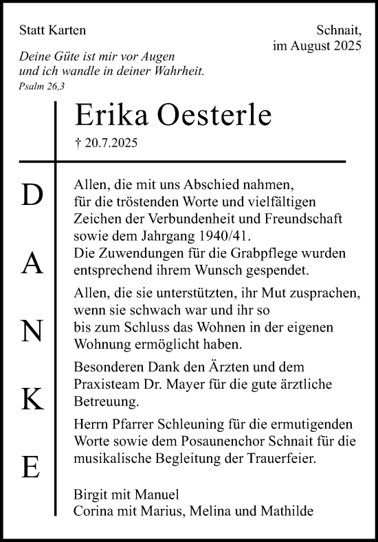 Traueranzeige von Erika Oesterle von Waiblinger Kreiszeitung