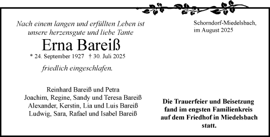Traueranzeige von Erna Bareiß von Waiblinger Kreiszeitung