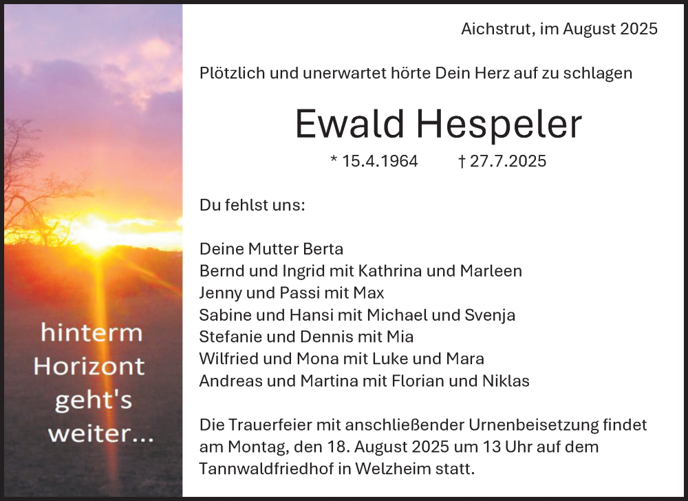  Traueranzeige für Ewald Hespeler vom 08.08.2025 aus Waiblinger Kreiszeitung
