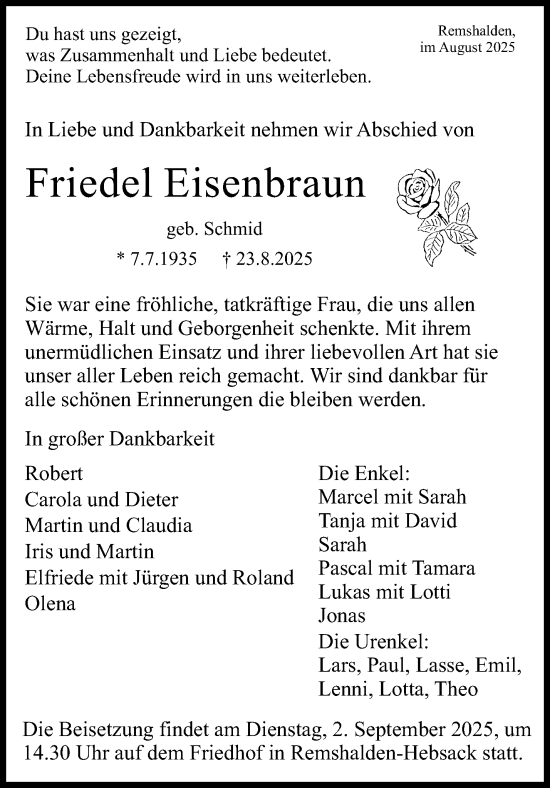 Traueranzeige von Friedel Eisenbraun von Waiblinger Kreiszeitung