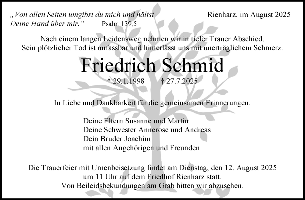  Traueranzeige für Friedrich Schmid vom 05.08.2025 aus Waiblinger Kreiszeitung