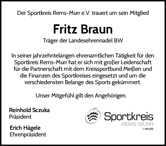 Traueranzeige von Fritz Braun von Waiblinger Kreiszeitung