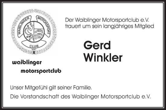 Traueranzeige von Gerd Winkler von Waiblinger Kreiszeitung
