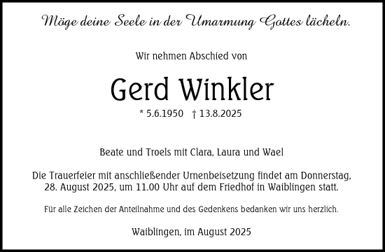 Traueranzeige von Gerd Winkler von Waiblinger Kreiszeitung