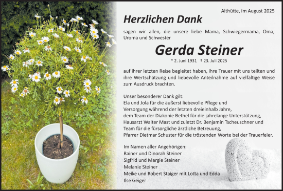 Traueranzeige von Gerda Steiner von Waiblinger Kreiszeitung