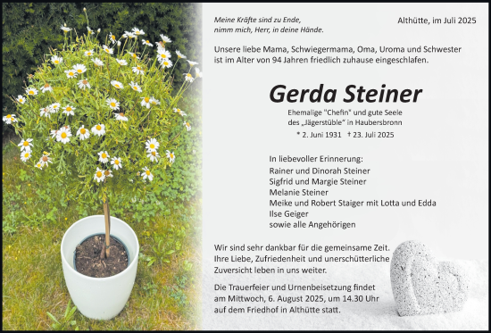 Traueranzeige von Gerda Steiner von Waiblinger Kreiszeitung