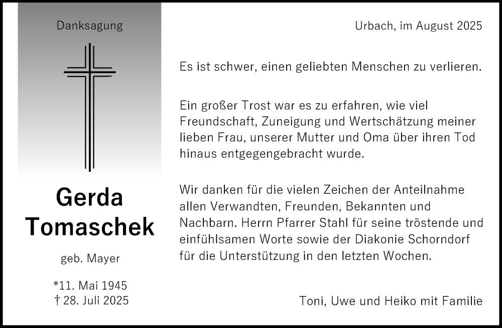  Traueranzeige für Gerda Tomaschek vom 26.08.2025 aus Waiblinger Kreiszeitung