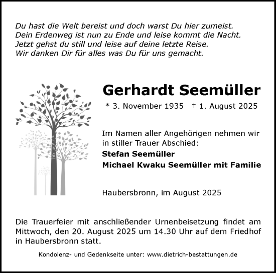 Traueranzeige von Gerhardt Seemüller von Waiblinger Kreiszeitung