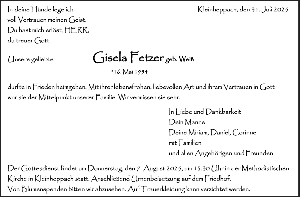  Traueranzeige für Gisela Fetzer vom 04.08.2025 aus Waiblinger Kreiszeitung