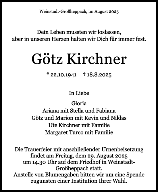 Traueranzeige von Götz Kirchner von Waiblinger Kreiszeitung