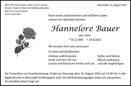 Traueranzeige von Hannelore Bauer von Waiblinger Kreiszeitung