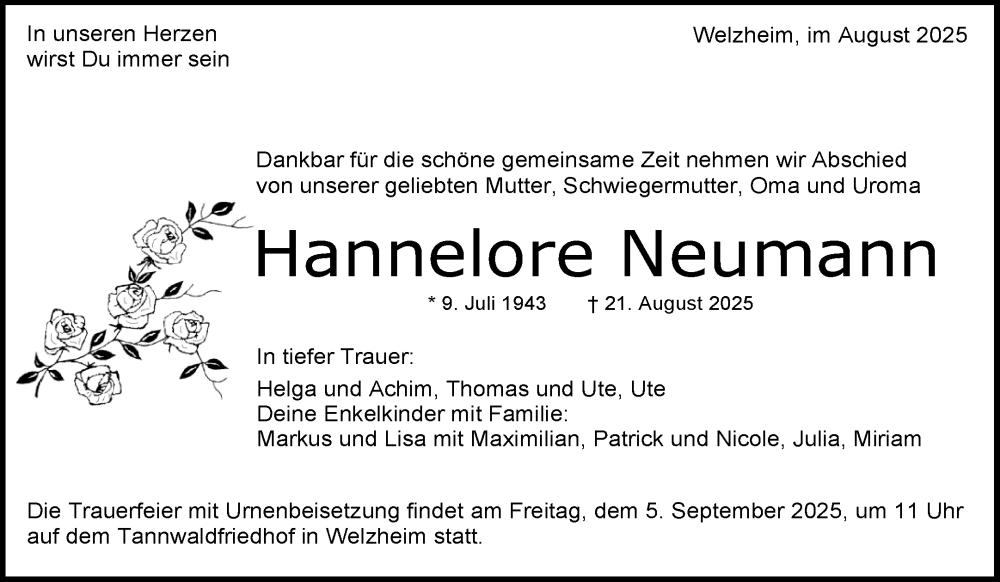  Traueranzeige für Hannelore Neumann vom 29.08.2025 aus Waiblinger Kreiszeitung