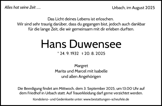 Traueranzeige von Hans Duwensee von Waiblinger Kreiszeitung