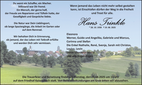 Traueranzeige von Hans Trinkle von Waiblinger Kreiszeitung