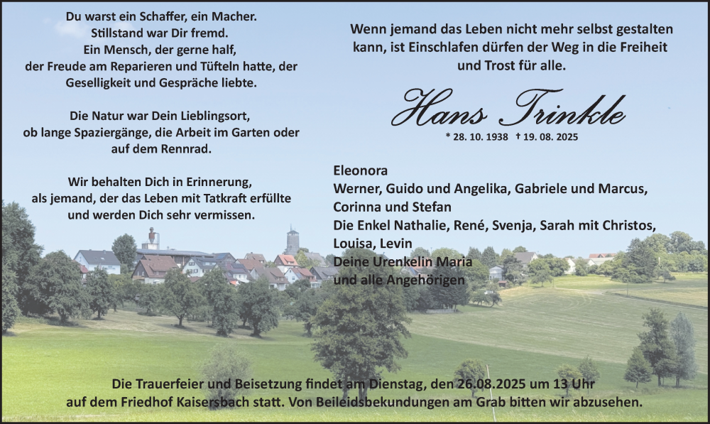  Traueranzeige für Hans Trinkle vom 21.08.2025 aus Waiblinger Kreiszeitung