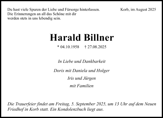 Traueranzeige von Harald Billner von Waiblinger Kreiszeitung