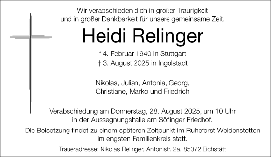 Traueranzeige von Heidi Relinger von Waiblinger Kreiszeitung