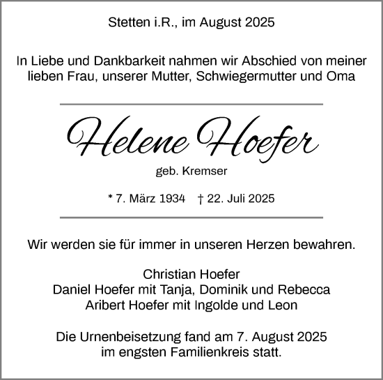 Traueranzeige von Helene Hoefer von Waiblinger Kreiszeitung