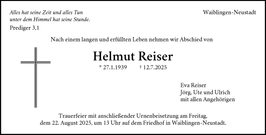 Traueranzeige von Helmut Reiser von Waiblinger Kreiszeitung