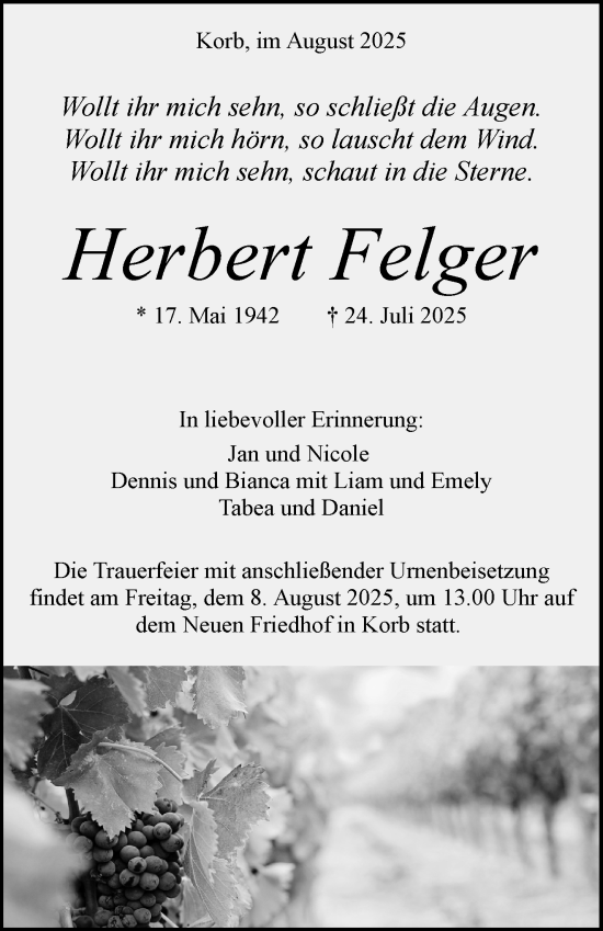 Traueranzeige von Herbert Felger von Waiblinger Kreiszeitung