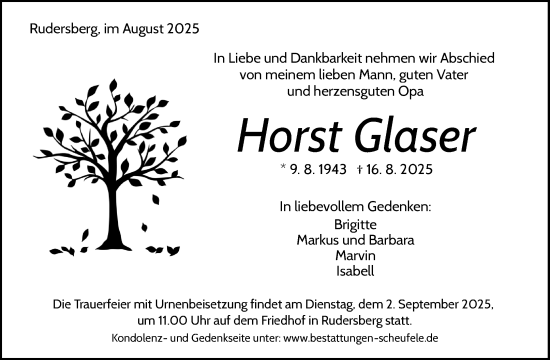 Traueranzeige von Horst Glaser von Waiblinger Kreiszeitung