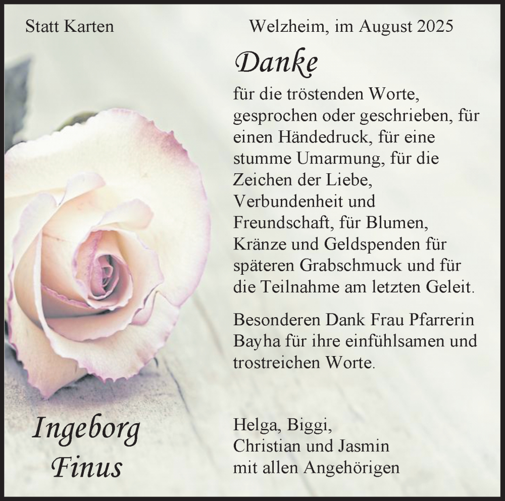  Traueranzeige für Ingeborg Finus vom 20.08.2025 aus Waiblinger Kreiszeitung