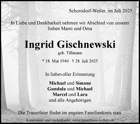 Traueranzeige von Ingrid Gischnewski von Waiblinger Kreiszeitung