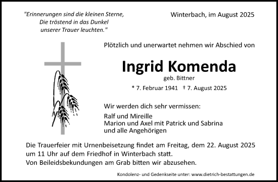 Traueranzeige von Ingrid Komenda von Waiblinger Kreiszeitung