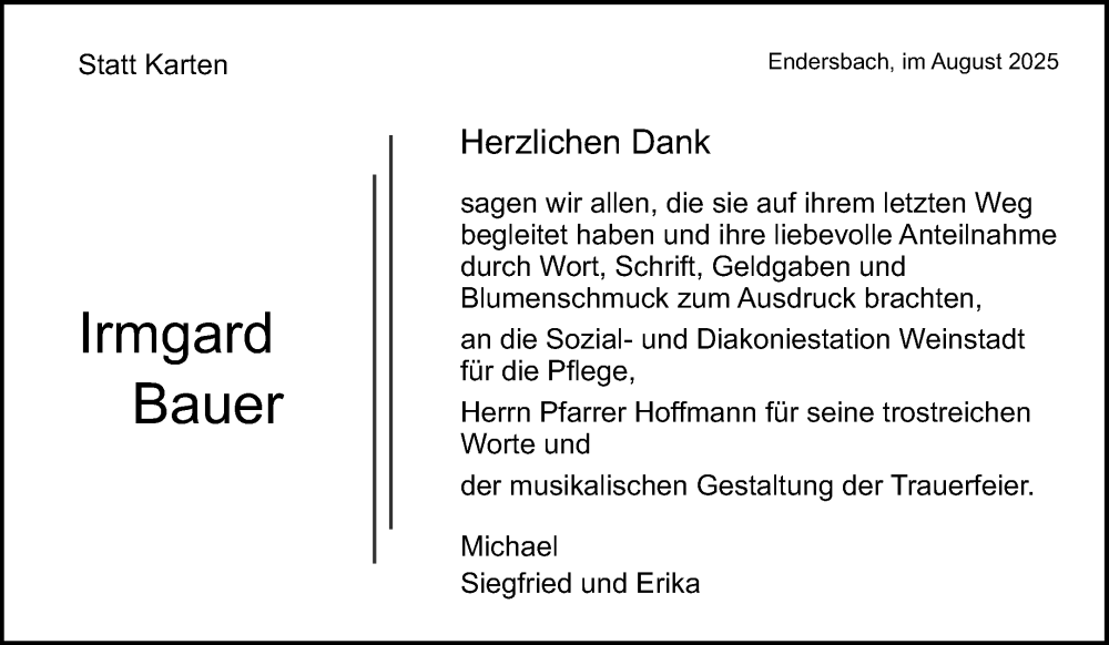  Traueranzeige für Irmgard Bauer vom 09.08.2025 aus Waiblinger Kreiszeitung