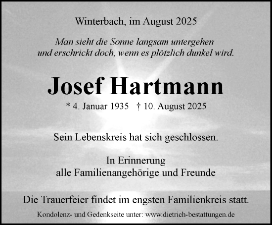 Traueranzeige von Josef Hartmann von Waiblinger Kreiszeitung