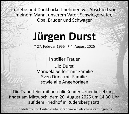 Traueranzeige von Jürgen Durst von Waiblinger Kreiszeitung