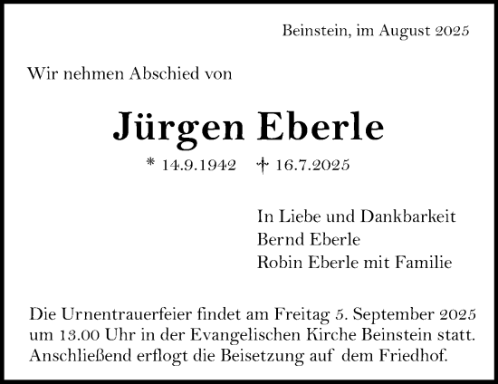 Traueranzeige von Jürgen Eberle von Waiblinger Kreiszeitung