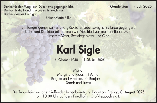 Traueranzeige von Karl Sigle von Waiblinger Kreiszeitung