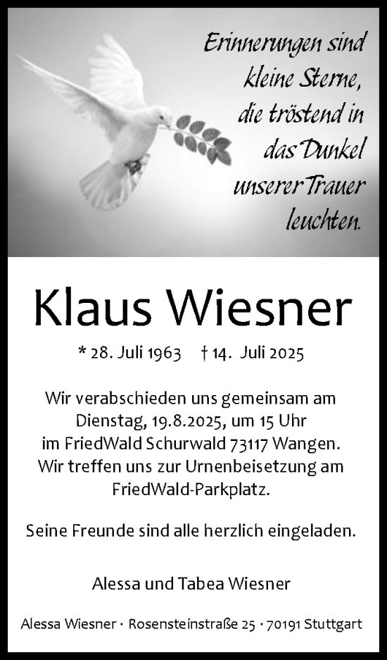 Traueranzeige von Klaus Wiesner von Waiblinger Kreiszeitung