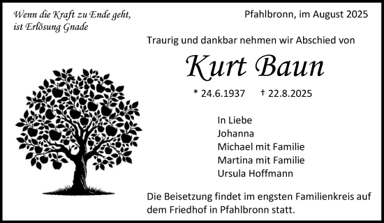 Traueranzeige von Kurt Baun von Waiblinger Kreiszeitung