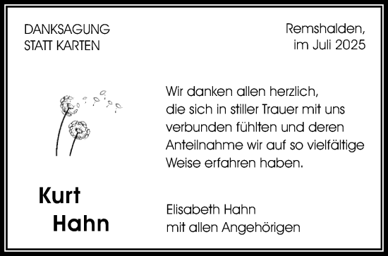 Traueranzeige von Kurt Hahn von Waiblinger Kreiszeitung