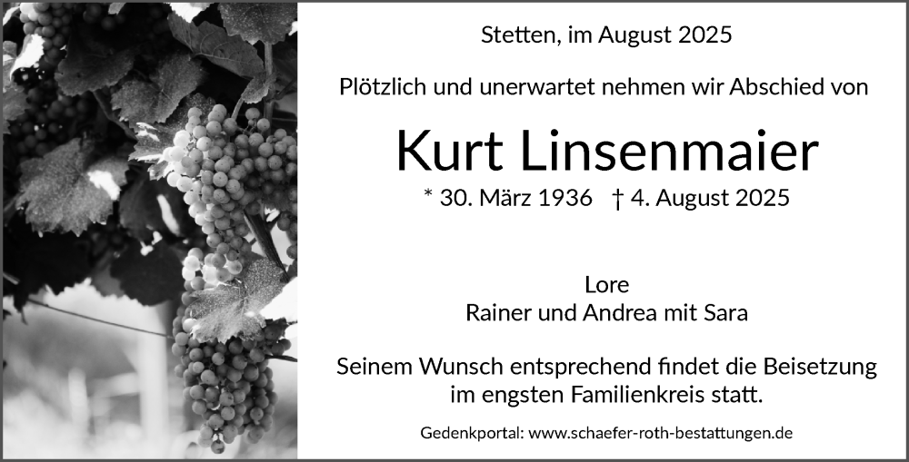  Traueranzeige für Kurt Linsenmaier vom 06.08.2025 aus Waiblinger Kreiszeitung