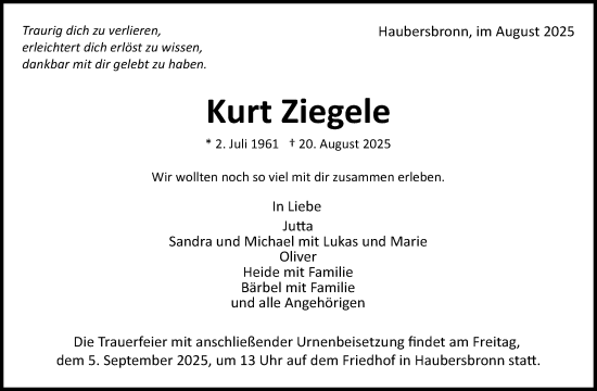 Traueranzeige von Kurt Ziegele von Waiblinger Kreiszeitung