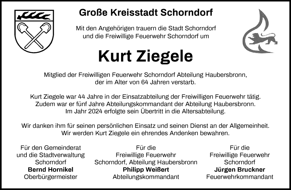  Traueranzeige für Kurt Ziegele vom 30.08.2025 aus Waiblinger Kreiszeitung