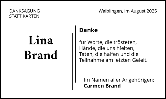 Traueranzeige von Lina Brand von Waiblinger Kreiszeitung