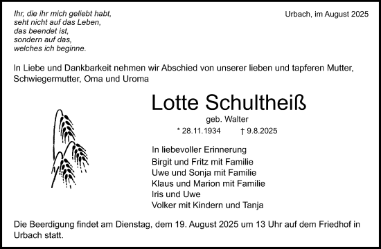 Traueranzeige von Lotte Schultheiß von Waiblinger Kreiszeitung
