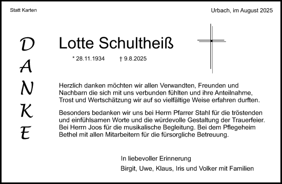 Traueranzeige von Lotte Schultheiß von Waiblinger Kreiszeitung