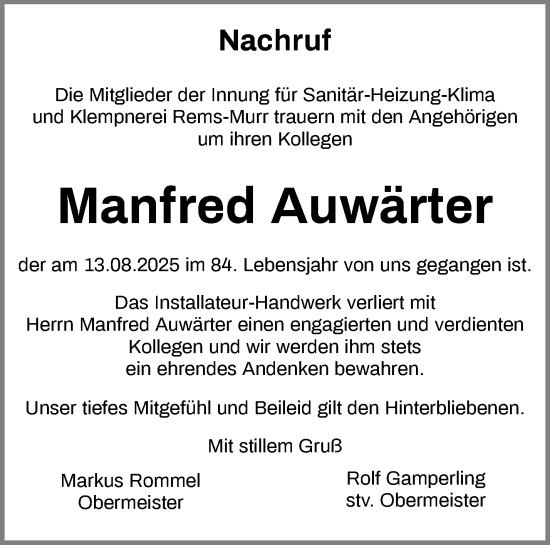 Traueranzeige von Manfred Auwärter von Waiblinger Kreiszeitung