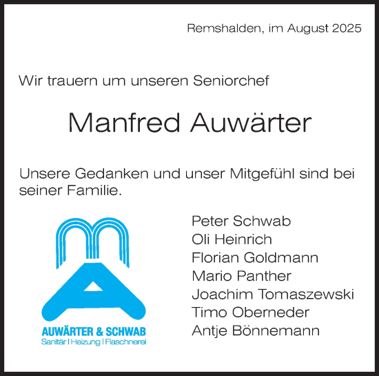 Traueranzeige von Manfred Auwärter von Waiblinger Kreiszeitung