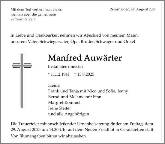 Traueranzeige von Manfred Auwärter von Waiblinger Kreiszeitung