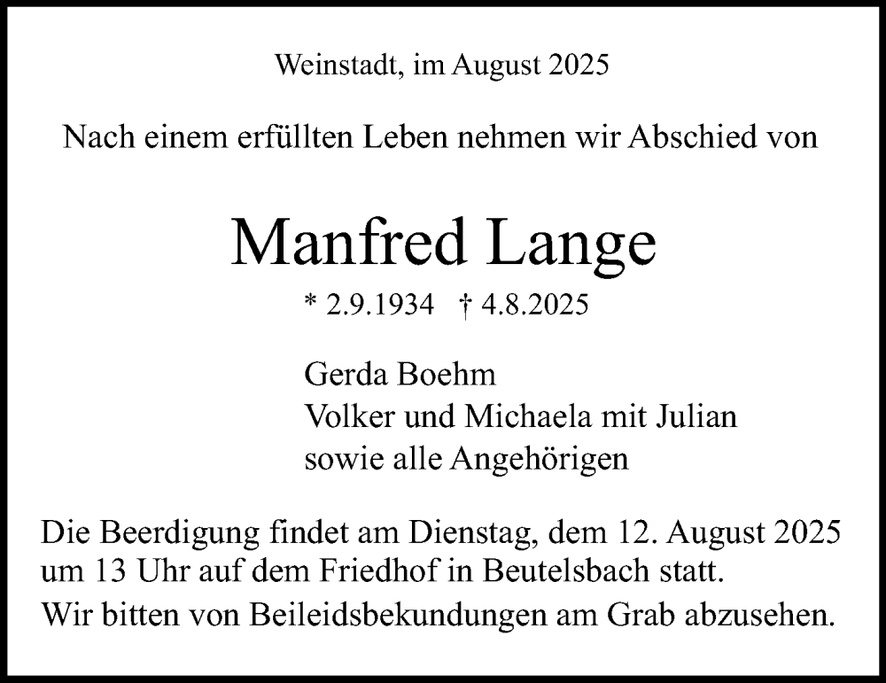  Traueranzeige für Manfred Lange vom 09.08.2025 aus Waiblinger Kreiszeitung