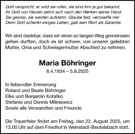 Traueranzeige von Maria Böhringer von Waiblinger Kreiszeitung