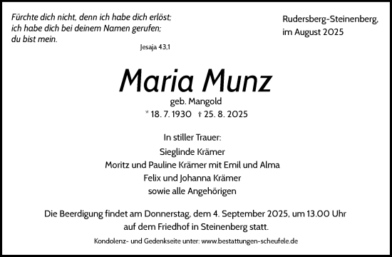 Traueranzeige von Maria Munz von Waiblinger Kreiszeitung